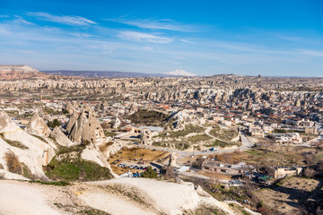 Aerial view of downtown of Goreme, which is  built in rock formation in national park Goreme,Cappadocia ,Turkey.