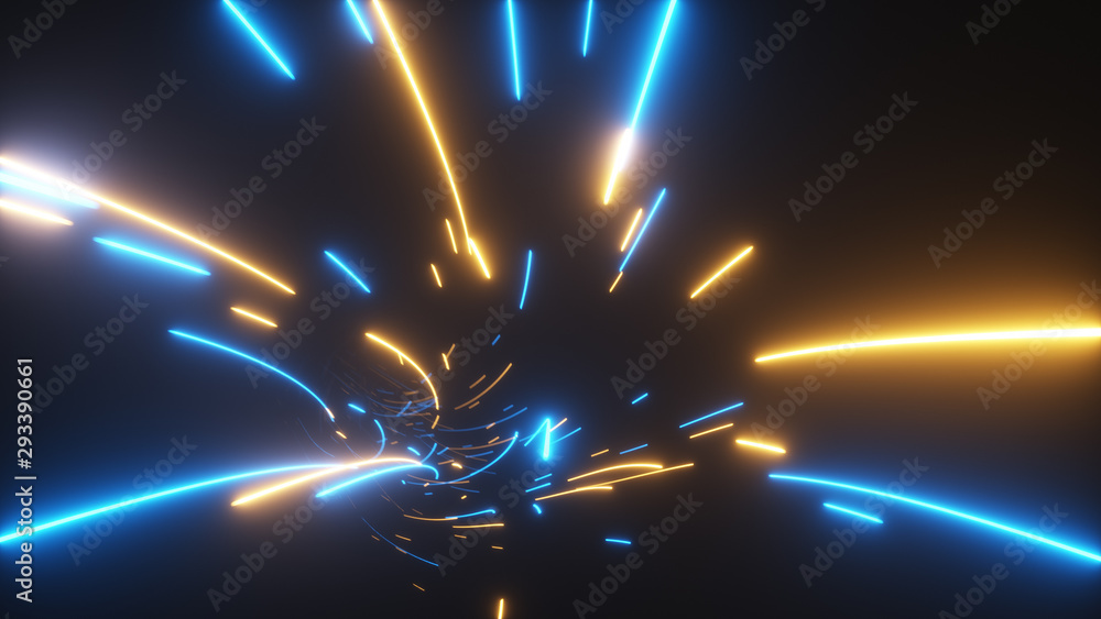 Poster futuristic digital technological abstract flight in a bright tunnel with luminous internet lines for