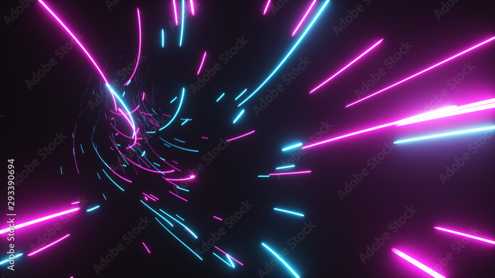Poster futuristic digital technological abstract flight in a bright tunnel with luminous internet lines for