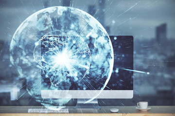 Multi exposure of business theme icons and table with computer background. Concept of success.