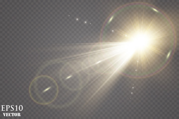 Sunlight on a transparent background. Glow light effects.Star flashed sequins. Sun glare on transparent background. the lens sparkles.Vector transparent sunlight special lens flare light effect