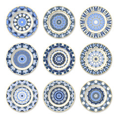 Set of nine decorative plates with a circular colored pattern, top view. White background. Vector illustration.