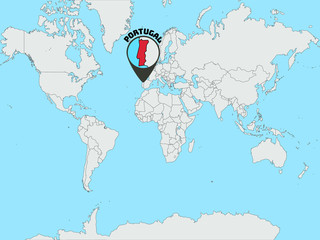Portugal Silhouette on Global world map with all continents europe, africa, asia, america, geolocation and contour. original colors and proportion. Vector illustration, countries set.