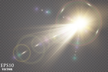 Sunlight on a transparent background. Glow light effects.Star flashed sequins. Sun glare on transparent background. the lens sparkles.Vector transparent sunlight special lens flare light effect