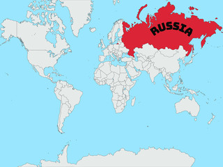 Russia Silhouette on Global world map with all continents europe, africa, asia, america, geolocation and contour. original colors and proportion. Vector illustration, countries set.
