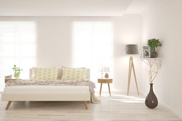 Stylish bedroom in white color. Scandinavian interior design. 3D illustration