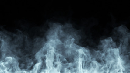 White steam spins and rises from below. White line smoke rises from a large pot, which is located behind the frame. Isolated 3d illustration black background.