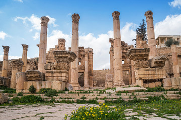 Columns with decorative ornaments in the ancient roman city ruins of Jerash, Gerasa Governorate, Jordan