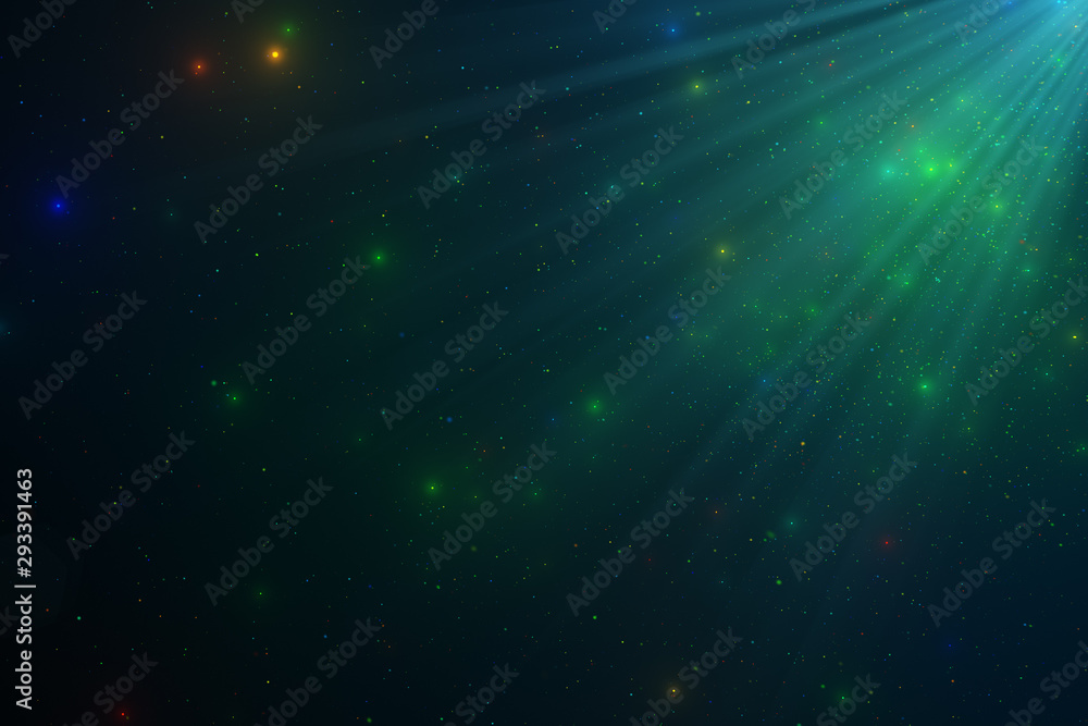 Poster abstract background of sparkling floating blue dust particles and rays of light on an isolated black