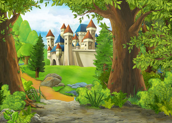 Cartoon nature scene with beautiful castle - illustration for the children © honeyflavour