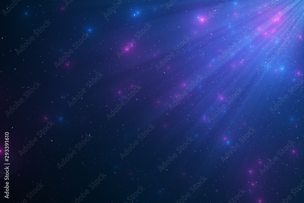 Aufkleber abstract background of sparkling floating neon dust particles and rays of light on an isolated black