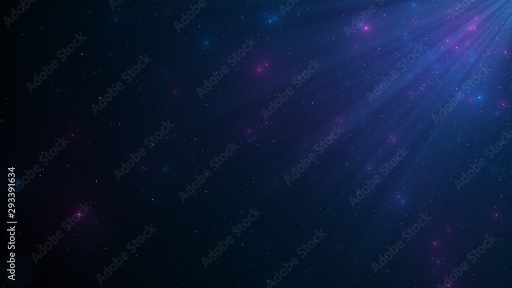 Poster abstract background of sparkling floating neon dust particles and rays of light on an isolated black
