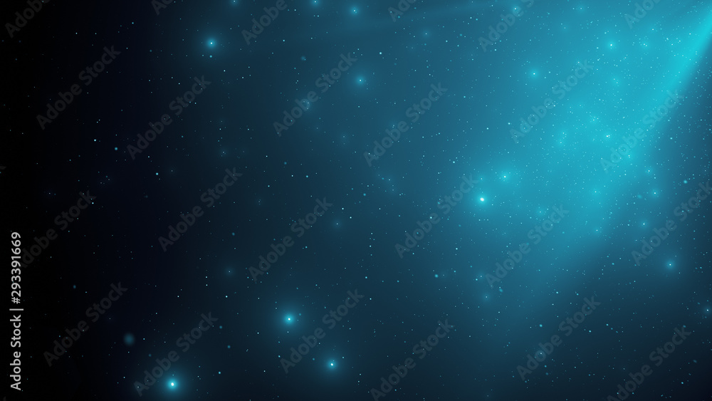 Poster abstract background of sparkling floating blue dust particles and rays of light on an isolated black