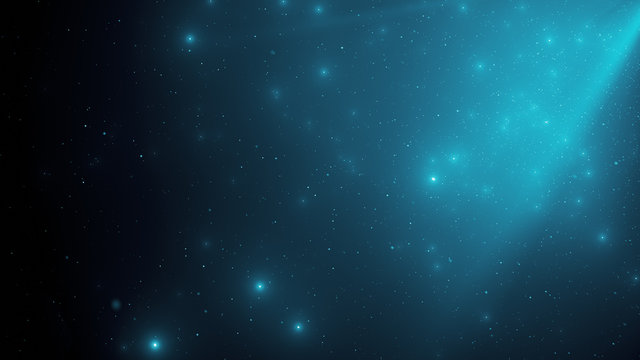 Abstract background of sparkling floating blue dust particles and rays of light on an isolated black background. 3d illustration of dynamic wind particles in the air with bokeh