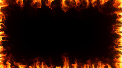 Fire burning in slow motion. A fiery frame surrounding the screen on black isolated background. 3d illustration