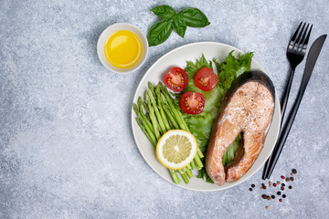 fried chum salmon and fresh vegetables