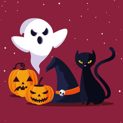 Halloween cat ghost and pumpkins vector design