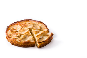 Homemade slice apple pie isolated on white background. Copy space