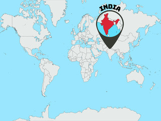 India Silhouette on Global world map with all continents europe, africa, asia, america, geolocation and contour. original colors and proportion. Vector illustration eps10, from countries set.