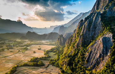 Beautiful sunset on the mountains in laos - obrazy, fototapety, plakaty