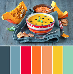 Color matching palette from spicy pumpkin soup with red lentils and turmeric