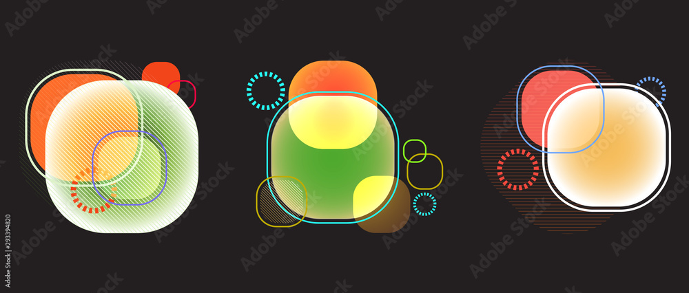 Poster set. bright rounded squares and stripes on a dark gray background. flat geometric pattern. template 