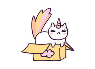 Cute cartoon character cat unicorn sitting in cardboard box, funny vector illustration isolated on white.