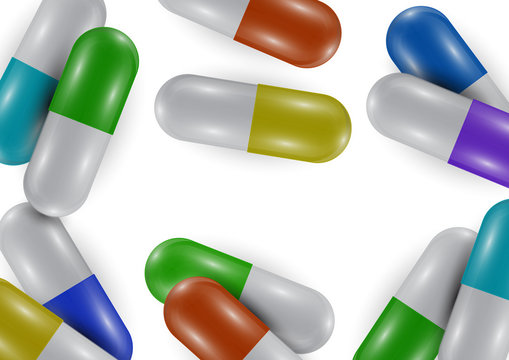 Background with bright pills, capsules. Vitamin pills for good health and antibiotics. Poster banner for website. Pharmacy, painkiller capsules and medications.