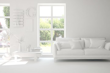 Mock up of stylish room in white color with sofa and green landscape in window. Scandinavian interior design. 3D illustration