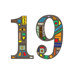 The number 19 with ethnic ornaments and colours