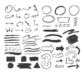 Big set of hand drawn different elements isolated on white. Circles, arrows, smears, squares.