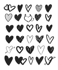 Set of 30 hand drawn vector simple hearts. Decorative design elements for Valentine's y card, poster, ect.