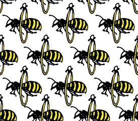 Seamless texture with Ink drawn bees flying through the ring. Hand made illustration.