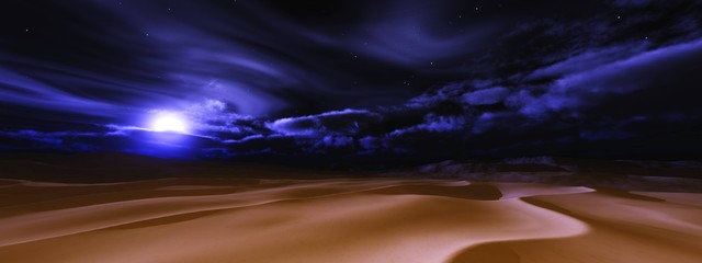 Desert at night under the moon. Desert night landscape with the moon and clouds. .