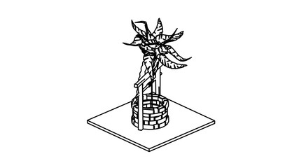 coloring page medieval well and palm tree