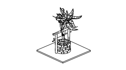 coloring page medieval well and palm tree