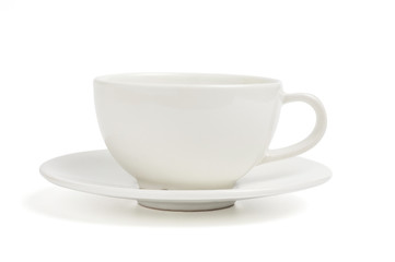 Coffee in a white cup on plate top view isolated on white background. With clipping path