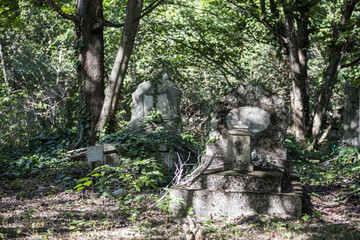 Fototapeta na wymiar Verlassene Grabsteine im Friedhof
