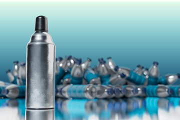 3d rendering of the reusable water bottle with the group of plastic water bottles in the background, reducing single-use plastics concept.
