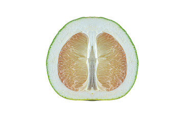 Pomelo cut in half lengthways isolated on white background. Pomelo is a plant in the same family as oranges with thick dimpled skin. Has a sweet and sour taste. Rich in vitamin C. 