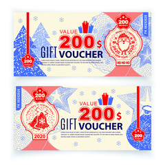 Christmas Vector coupon Voucher with Santa Claus. State currency. Back sides of money bills. Two hundred dollars