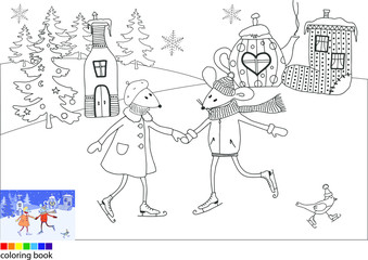 Fototapeta na wymiar Coloring book. Winter. Christmas. A pair of mice skate. Vector
