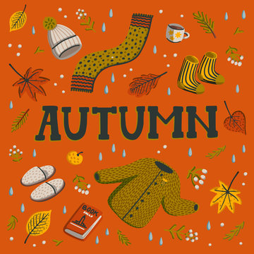Hello autumn. Collection of fall season elements. Autumn greeting card with cozy home items for autumn season. Flat style hand drawn vector illustration