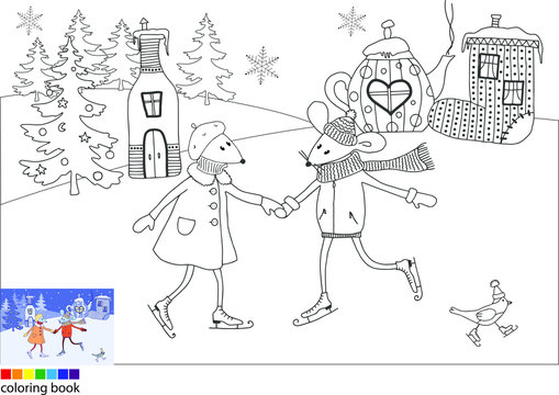Coloring book. Winter. Christmas. A pair of mice skate. Vector