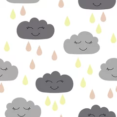 Gardinen Seamless pattern with smiling sleeping clouds. Cute baby shower vector background. Child drawing style rainy clouds ornament © alijun