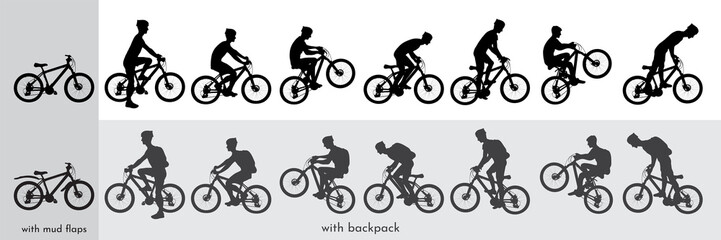 Fototapeta na wymiar Vector set of cyclist silhouettes. A man rides a mountain bike with a backpack and in a helmet. The guy on the bike does tricks. Freestyle. The tourist goes down or goes up. Graphic Design Elements