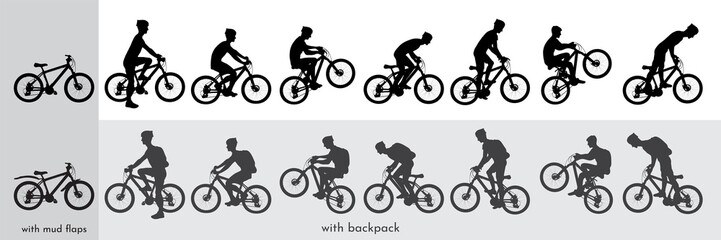 Fototapeta premium Vector set of cyclist silhouettes. A man rides a mountain bike with a backpack and in a helmet. The guy on the bike does tricks. Freestyle. The tourist goes down or goes up. Graphic Design Elements