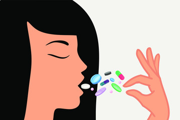Woman eat medicine vector illustration. Person takes a pill for health. Mouth take a drug care. Disease treatment. Drug and vitamin, care for people. COVID 19. Virus among people.