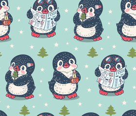 Seamless pattern with cute penguins
