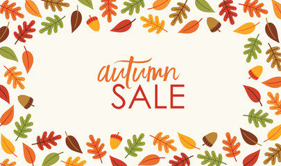 Vector advertising flyer with autumn leaves and acorns in orange, brown and yellow on cream background. Autumn Sale template with copy space for marketing, social media, web banner, thanksgiving.